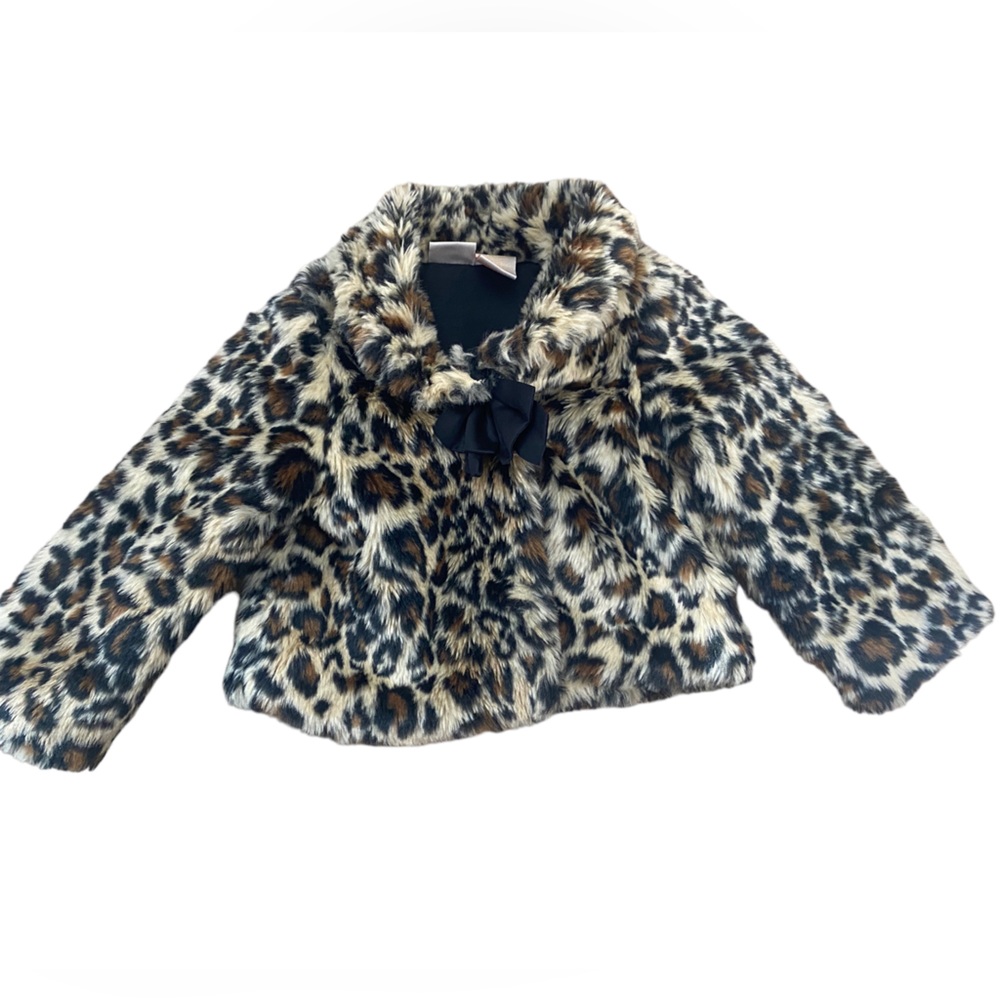Savannah Fake fur leopard print toddler coat with black lining and bow - 2T